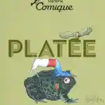 Platée - Opéra-Comique de Paris | L’affiche artistique de l’opéra comique ‘Platée’ présente une illustration intrigante. On y voit une grenouille verte sur laquelle se superpose l’arrière d’un chien blanc vu de côté, avec des jambes humaines ornées d’un pantalon aux tonalités bleues. Un hibou en vol se tient au-dessus des lettres où est écrit ‘Platée’ en majuscules et en gros caractères. Le fond de l’affiche est de couleur vert olive.